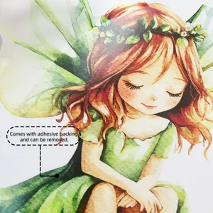 Detail of watercolor fairy wall sticker with adhesive backing and removable design