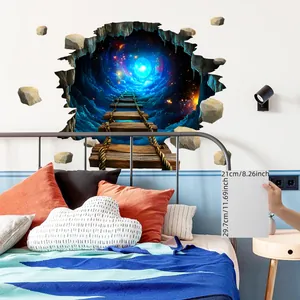 3D space galaxy wall sticker showing deep universe portal with wood bridge on bedroom wall