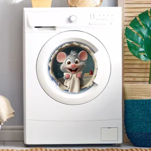 Close-up of 3D cartoon mouse wall sticker on washing machine with creative hole effect