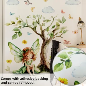 Close-up of watercolor fairy and tree wall decals with adhesive backing detail