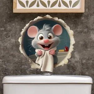 Detail of 3D mouse wall sticker with a towel appearing from a hole for bathroom decor