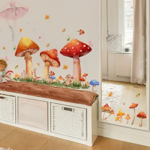 Detail of fairy wall stickers with red mushrooms and rabbits for nursery decor