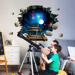 3D wall sticker featuring cosmic tunnel with wooden bridge for bedroom decor