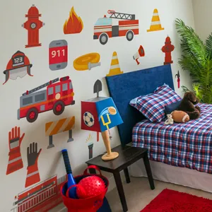 Cartoon fire truck wall decals set for kids bedroom decor featuring bright rescue vehicles