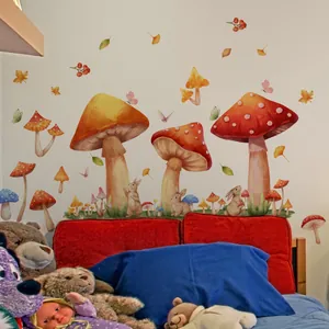 Detail of cartoon mushroom house wall stickers with rabbits and butterflies in a nursery