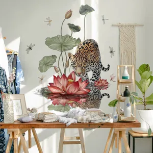 Realistic cheetah and lotus flower self-adhesive wall stickers for home decor