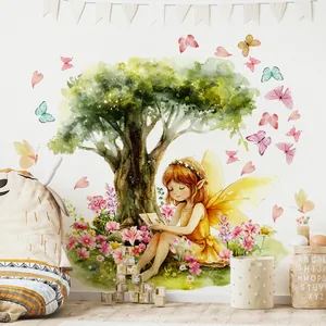 Watercolor fairy wall decals featuring a green tree and colorful butterflies for kids' room