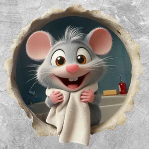 3D cartoon mouse wall sticker looking through a wall hole with a towel detail