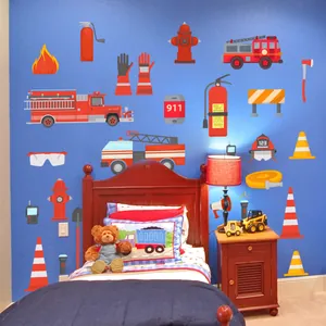 Cartoon fire truck wall stickers set for kids bedroom decor featuring fire engine and tools