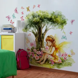 Detail of watercolor wall sticker showing a fairy reading under a lush green tree and butterflies