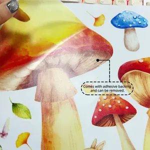 Detail showing self-adhesive backing of watercolor mushroom wall stickers for easy removal