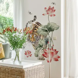 Chinese style wall sticker with tiger, pink lotus and dragonfly in living room