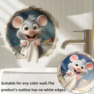 Close-up of 3D mouse wall sticker showing high-quality printing detail on bathroom tiles