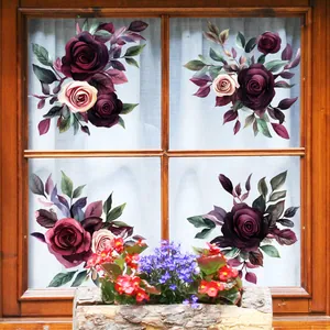 Vintage watercolor floral static window stickers with purple roses on glass panes