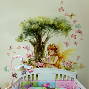 Detailed watercolor wall stickers featuring a fairy girl reading under a lush green tree
