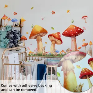 Close-up of self-adhesive watercolor mushroom and rabbit wall stickers with print texture