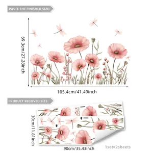 Muurstickers met roze papaverbloemen en libellen voor woonkamer wanddecoratie