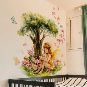 Detailed wall sticker featuring a fairy girl reading under a lush tree with pink flowers
