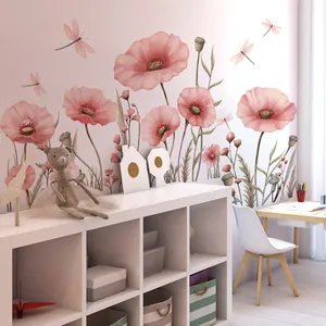Zelfklevende muurstickers met roze klaprozen en libellen voor kamerdecoratie in huis