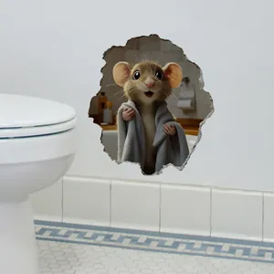 3D wall sticker featuring a cute cartoon mouse wrapped in a grey towel by a bathroom hole