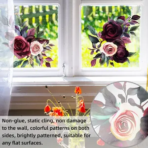Detail of red rose static cling window decals with double-sided floral printing
