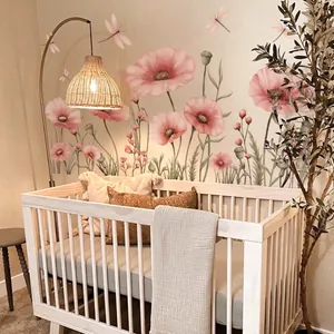 Roze bloemen muurstickers met libellen en groene bladeren voor babykamer decoratie