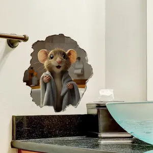 3D hole wall sticker featuring cute cartoon mouse with grey towel for bathroom decor