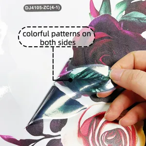 Close-up of double-sided floral static window cling with purple rose design and transparency