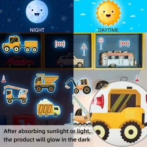 Luminous construction vehicle wall stickers showing day and night glow effect in kids room