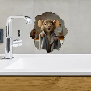 3D hole wall sticker featuring a cute mouse in a towel on a marble bathroom wall