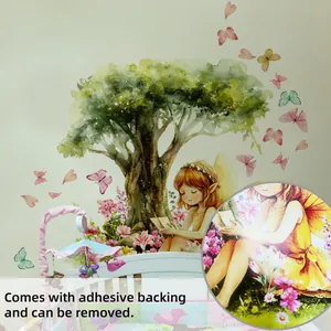 Detail of fairy reading under a green tree wall decal with removable adhesive backing