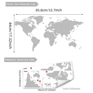 Adesivi murali mappa del mondo grigio per decorazione d'interni di 85,8x44cm su fondo bianco