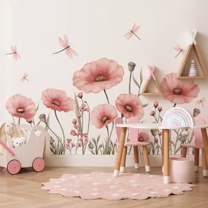 Aquarel Roze Klaproos Bloem En Libel Muurstickers PVC Verwijderbaar Handgetekende Bloemen Muurstickers Huis Achtergrond Kunst