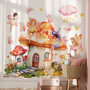 Watercolor fairy wall stickers with mushroom houses and butterflies for kids room decor