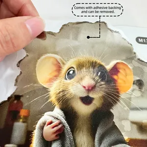 Detail of peeling a 3D cartoon mouse wall sticker showing adhesive backing and texture