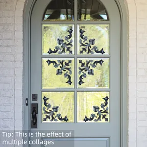 Detail showing vintage scroll patterns applied to glass window panes for decoration