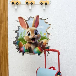 Sticker mural lapin de Pâques 3D et œufs colorés dans un décor de chambre d'enfant