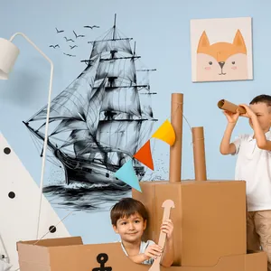 Sketch-style sailing boat and seagulls wall stickers for kids' bedroom wall decor