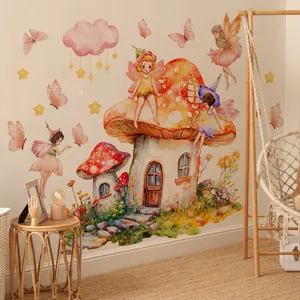 Nursery wall sticker detail showing watercolor mushroom house and flower fairies