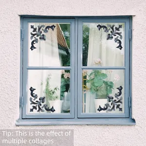 Retro blue floral static window stickers set with elegant scroll design for glass decor