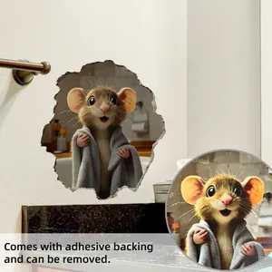 Detail showing 3D wall sticker of a mouse with towel and adhesive backing feature