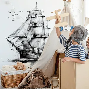 Artistic black and white sketch sailboat wall decal for kids room wall decor