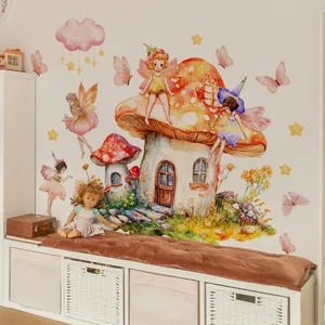 Detail of watercolor fairy and mushroom wall decals in a cozy nursery room setting