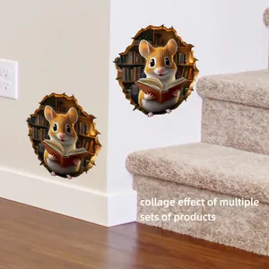 3D cartoon hamster reading books wall sticker with creative broken wall visual effect