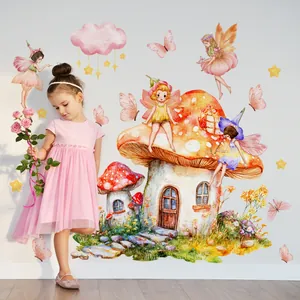 Nursery wall stickers featuring fairy girls, mushroom house, and pink clouds in a dreamlike room