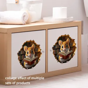 Detailed view of 3D cartoon hamster wall stickers with realistic hole effect on cabinet