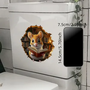 3D wall sticker featuring a cute hamster reading on a bookshelf with realistic hole effect