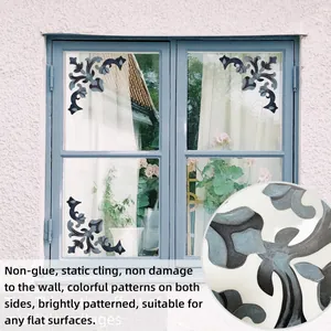 Baroque floral static window film with double-sided blue classical patterns on glass surface