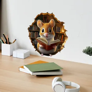 3D wall sticker detail of a cute cartoon hamster reading in a library wall break design