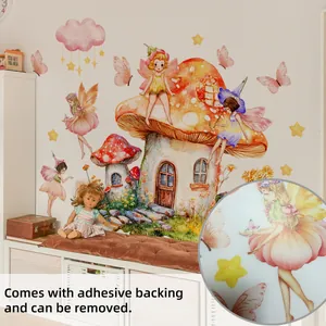 Detail of mushroom house and fairy wall decals with adhesive feature on white walls